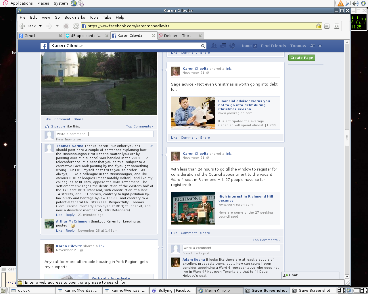 screenshot of Karmo posting
to Cileivtz Facebook, re Mississaugas at OMB
