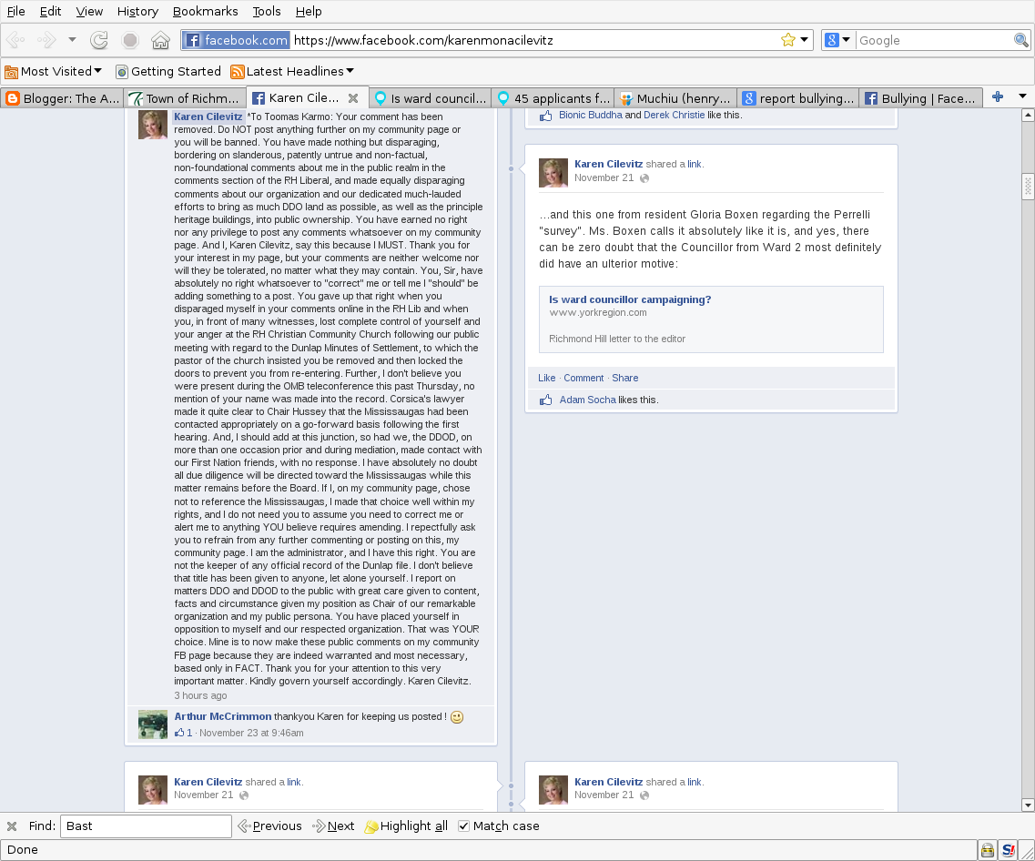 screenshot of Cilevitz
reply to Karmo posting to Cilevitz Facebook, re Mississaugas at
OMB